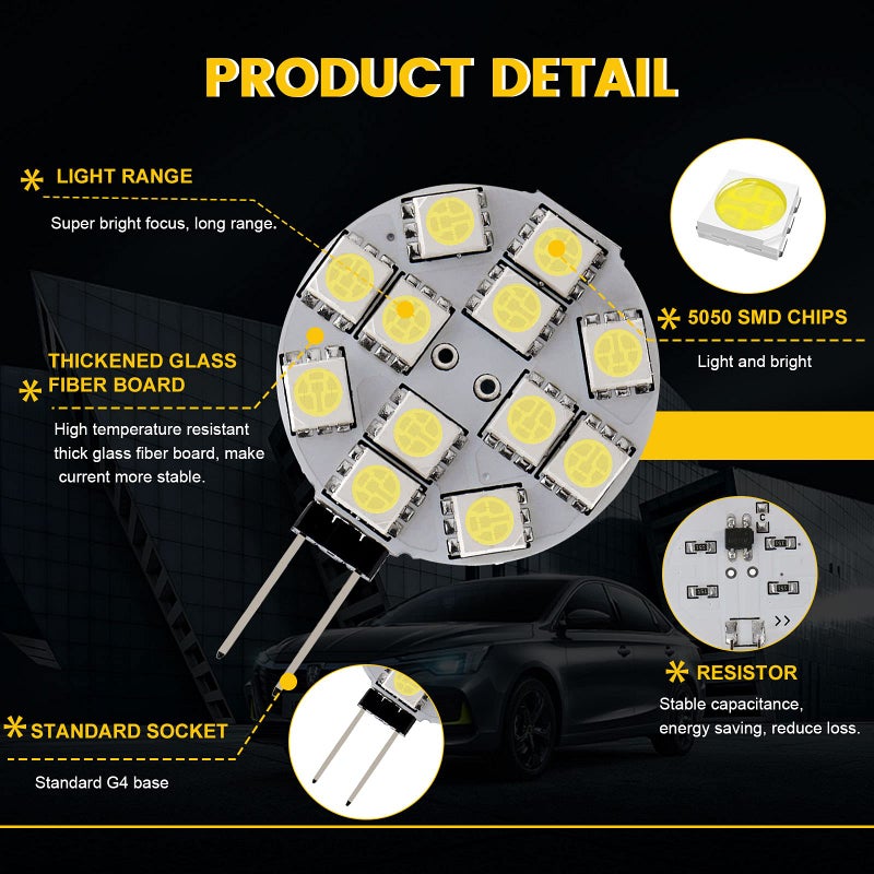 YM EBright YM E-Bright 12-Pack G4 Puck Lights LED Bulbs Side Pin Base White Round G4 5050 12SMD LED RV Camper Light Bulb Home Reading Light Marine Lamps DC 12V - Image 3